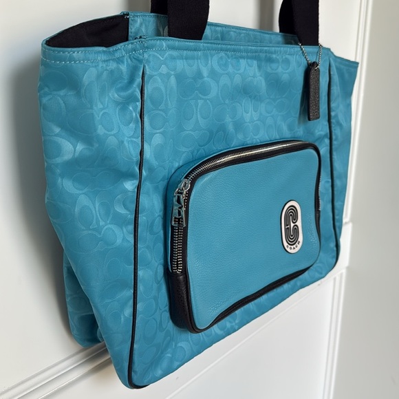 COACH Court Tote Bag Signature C Nylon Pebbled Leather With Patch Blue Black - Picture 4 of 16